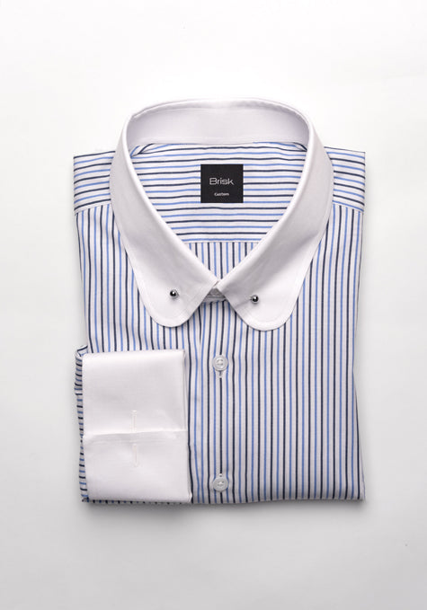 Black & Blue Pencil Stripes Shirt - White Club Collar With Pin