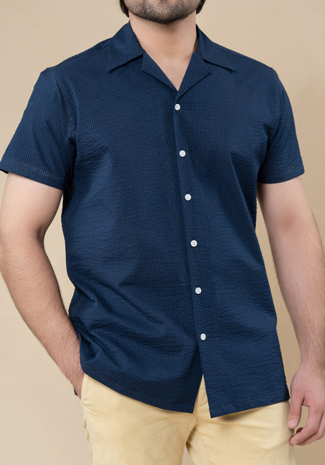 Black & Navy-Blue Stretch Seersucker Stripes Shirt-Camp Collar