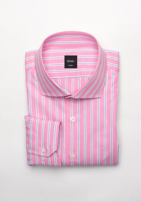 Blue On Pink Wide Stripes Shirt - Classic Collar