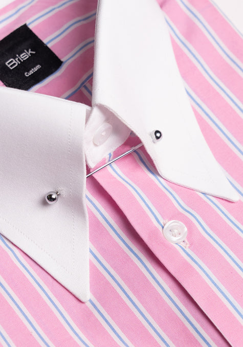 Blue On Pink Wide Stripes Shirt - White Classic Collar With Pin