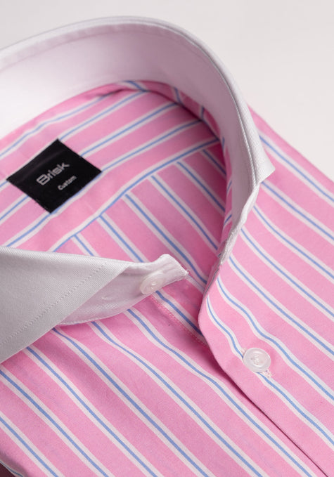 Blue On Pink Wide Stripes Shirt - White Extreme Collar