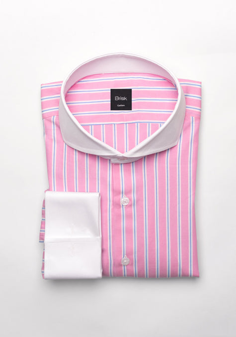 Blue On Pink Wide Stripes Shirt - White Extreme Collar