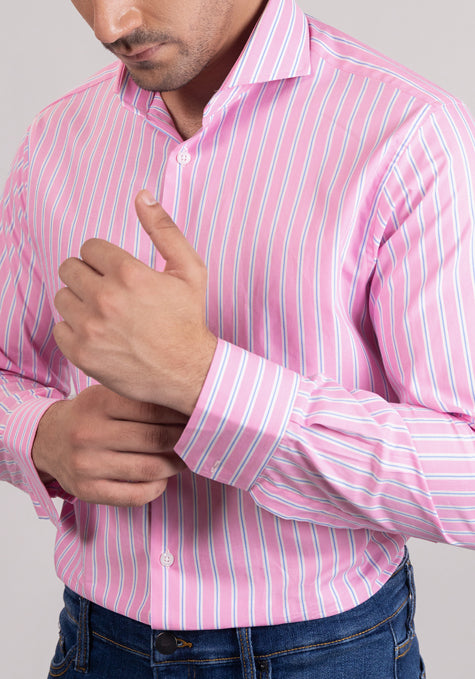 Blue On Pink Wide Stripes Shirt
