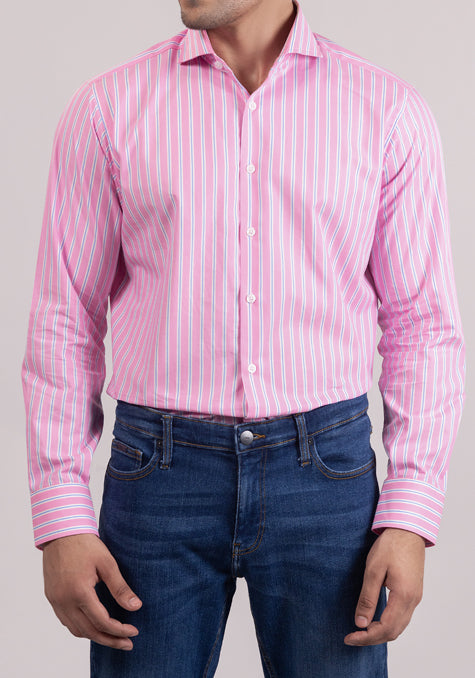 Blue On Pink Wide Stripes Shirt
