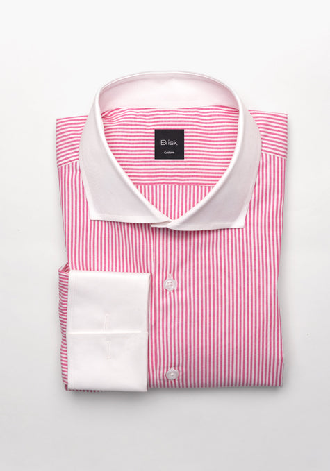 Bright Pink Narrow Stretch Stripes Shirt - White Classic Collar