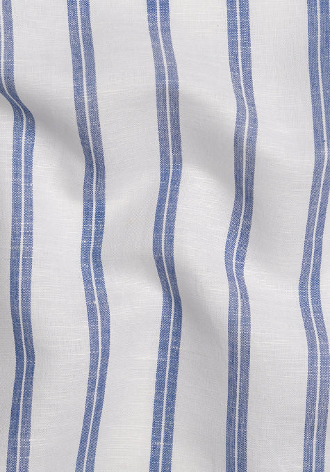 Dual Blue On White Cotton Linen Stripes Shirt