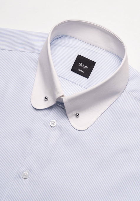 Fine Pastel Blue Twill Stripes Shirt - White Club Collar With Pin