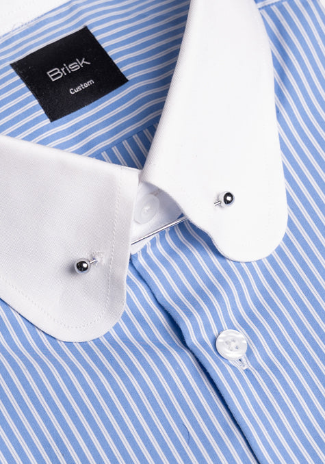 Mid Blue Pencil Stretch Stripes Shirt -White Club Collar With Pin