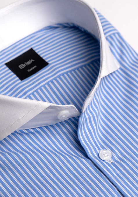 Mid Blue Pencil Stretch Stripes Shirt -White Extreme Collar
