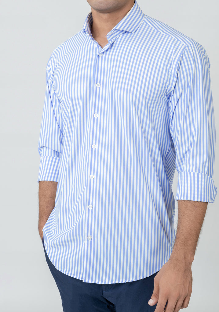 Sky Blue Four-Way Performance Stretch Bengal Stripes Shirt - Wrinkle Free
