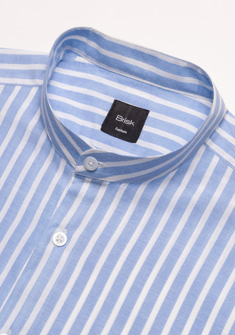 Soft Sky Blue Wide Cotton Linen Stripes Shirt - Band Collar