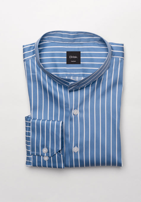 Super Fine Blue Satin Stretch Stripes Shirt - Band Collar