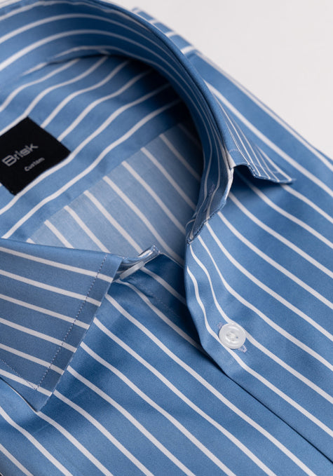 Super Fine Blue Satin Stretch Stripes Shirt - Classic Collar