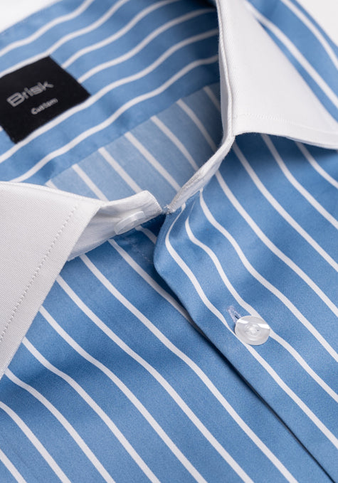 Super Fine Blue Satin Stretch Stripes Shirt - White Cut Away Classic Collar