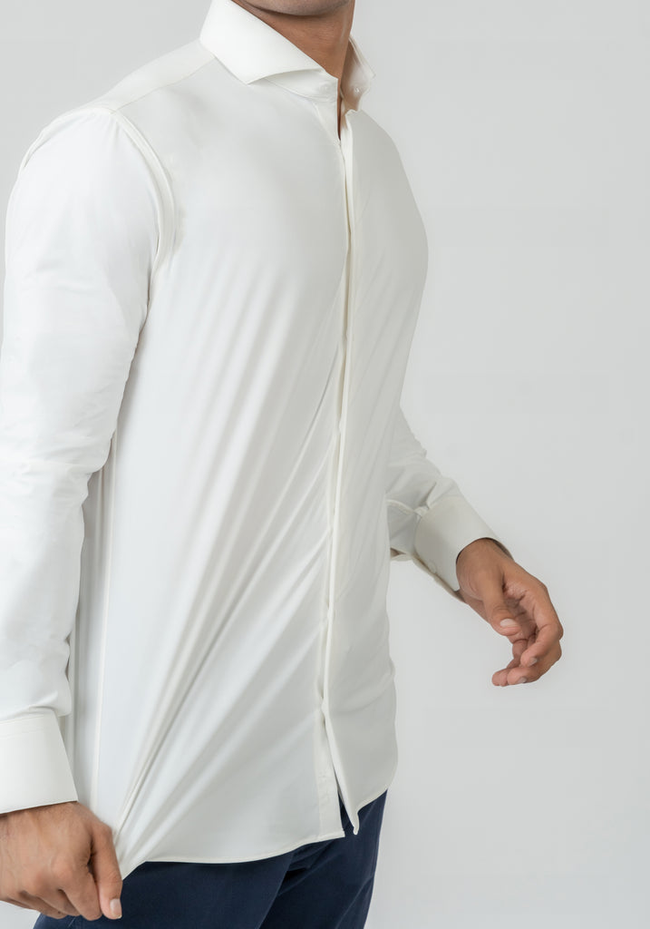 Water-Repellent Pearl White Structured - Four Way Performance Stretch Shirt - Wrinkle-Free
