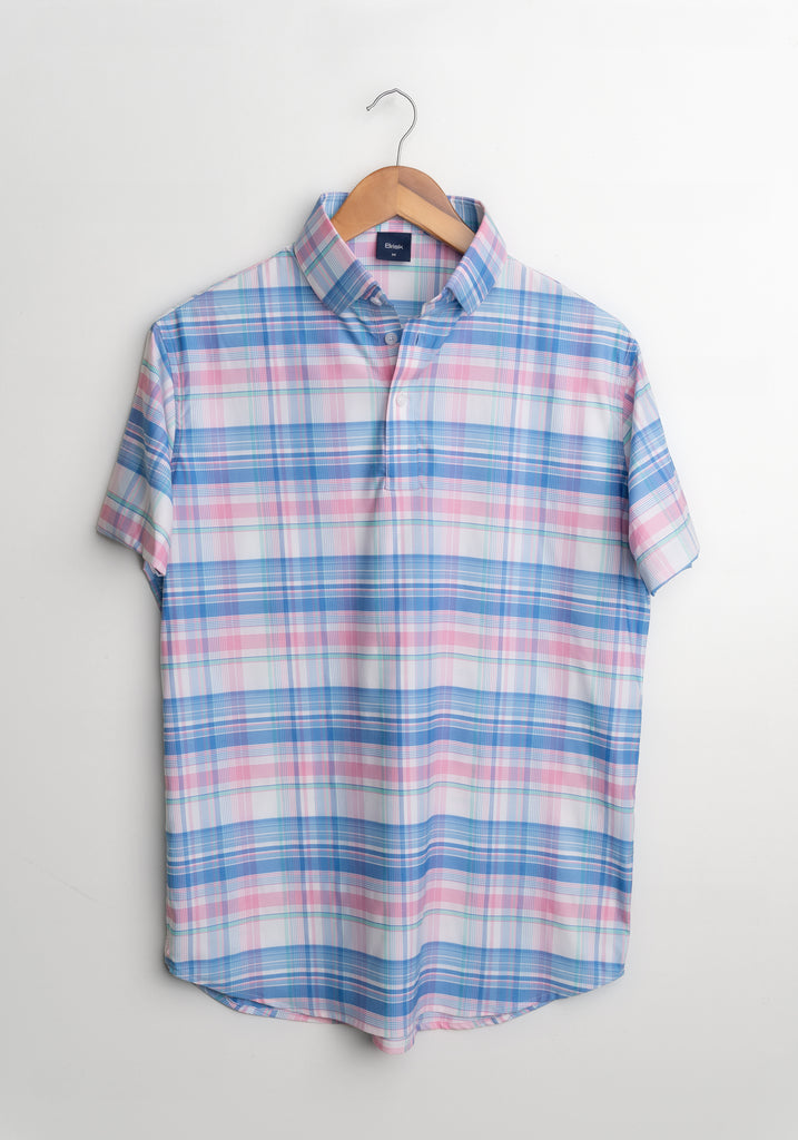 Wrinkle-Free Blue-Pink Performance Stretch Plaid Polo Shirt
