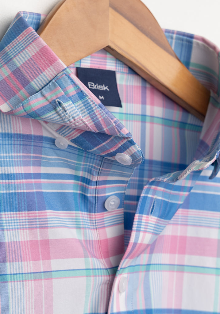 Wrinkle-Free Blue-Pink Performance Stretch Plaid Polo Shirt
