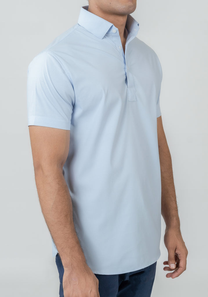 Wrinkle-Free Ice Blue Mini Checkered Performance Stretch Polo Shirt
