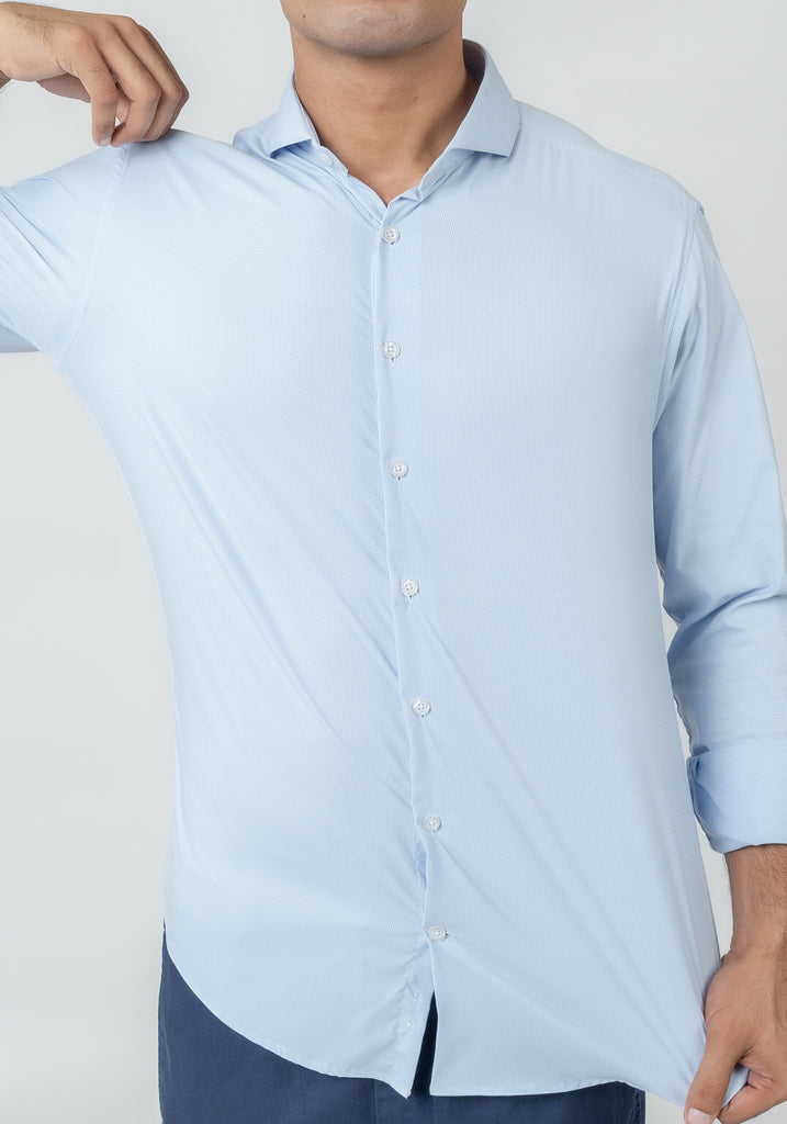 Wrinkle-Free Ice Blue Mini Checkered Performance Stretch Shirt