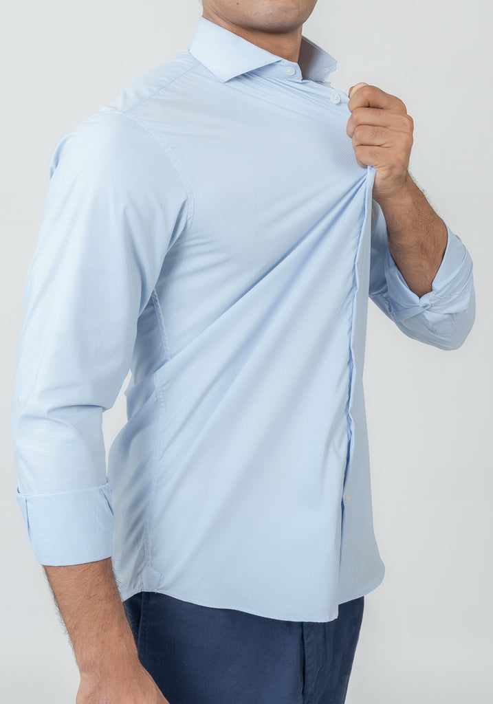 Wrinkle-Free Ice Blue Mini Checkered Performance Stretch Shirt