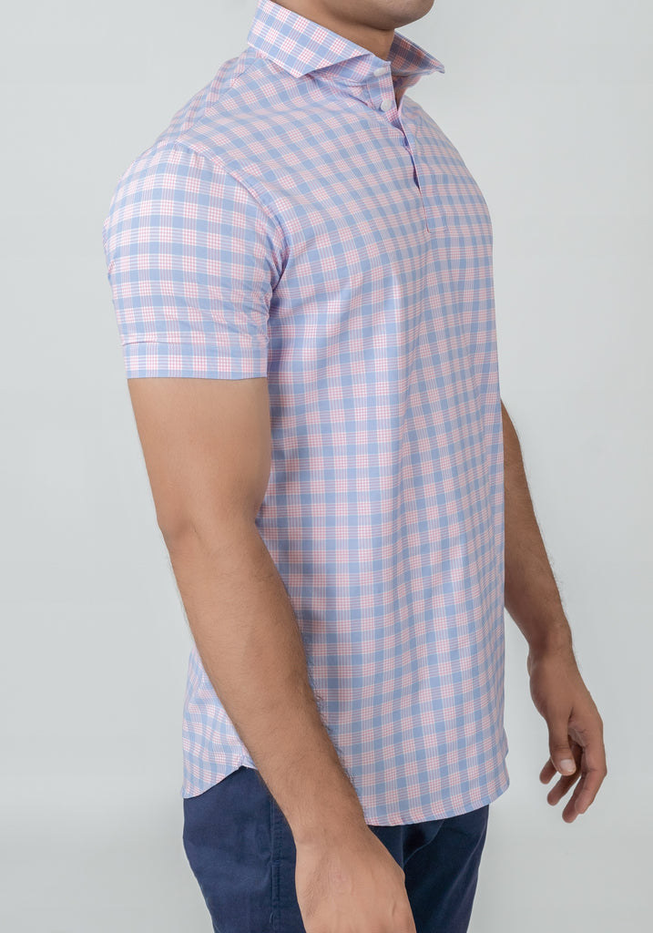 Wrinkle-Free Soft Pink and Blue Performance Ultra-Stretch Tartan Polo Shirt
